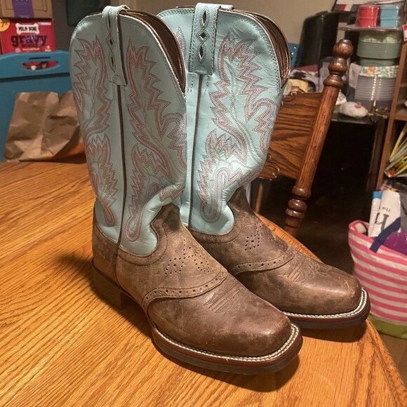 Justin Boots Light Blue and Brown Heeled Boots - Picture 1 of 11